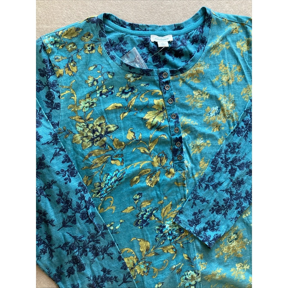 Sundance Floral Long Sleeve Shirt Sz L NWOT Teal Gold Tunic Stretch, Boho Casual - Picture 3 of 8